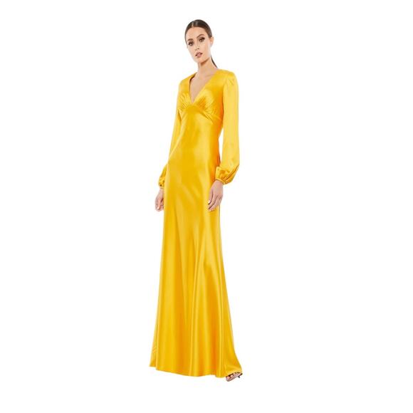 Mac Duggal NEW Size 4 Marigold Long Sleeve Empire Waist Charmeuse Gown 55693 - Picture 4 of 9